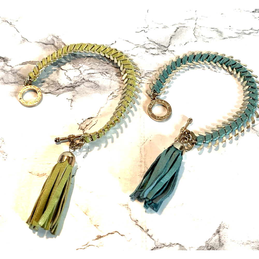 Nissa Fishbone Bracelet Set Faux Leather Tassles Gold Tone Funky Fashion